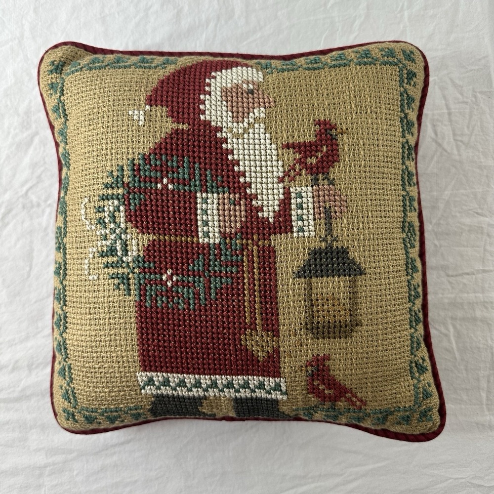 Vintage Santa Needlepoint Christmas Pillow Red Back 11.5" X 11.5" Rustic St Nick
